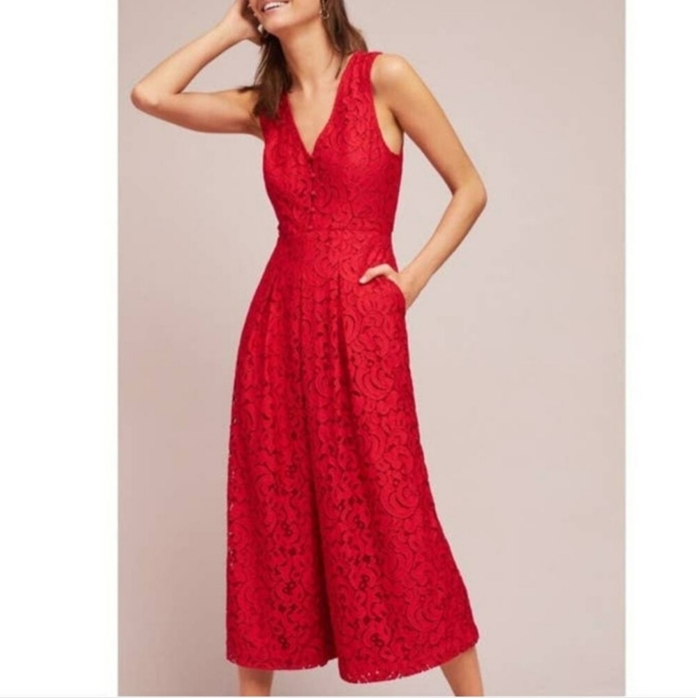 Anthropologie Moulinette Womens Red Sleeveless Jumpsuit Lace Sz 10 Wide Leg Crop